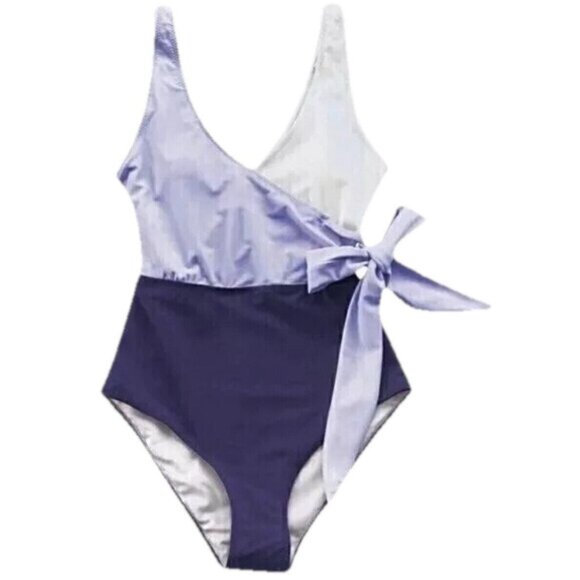 Cupshe Womens One Piece Swimsuit Medium Colorblock Wrap V-Neck Tie Purple Cheeky - Picture 6 of 9